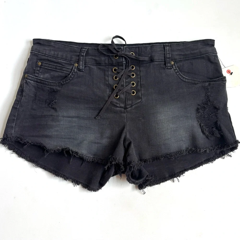 Billabong Lite Hearted Distressed Cut Off Lace Up Denim Jean Shorts Faded Black